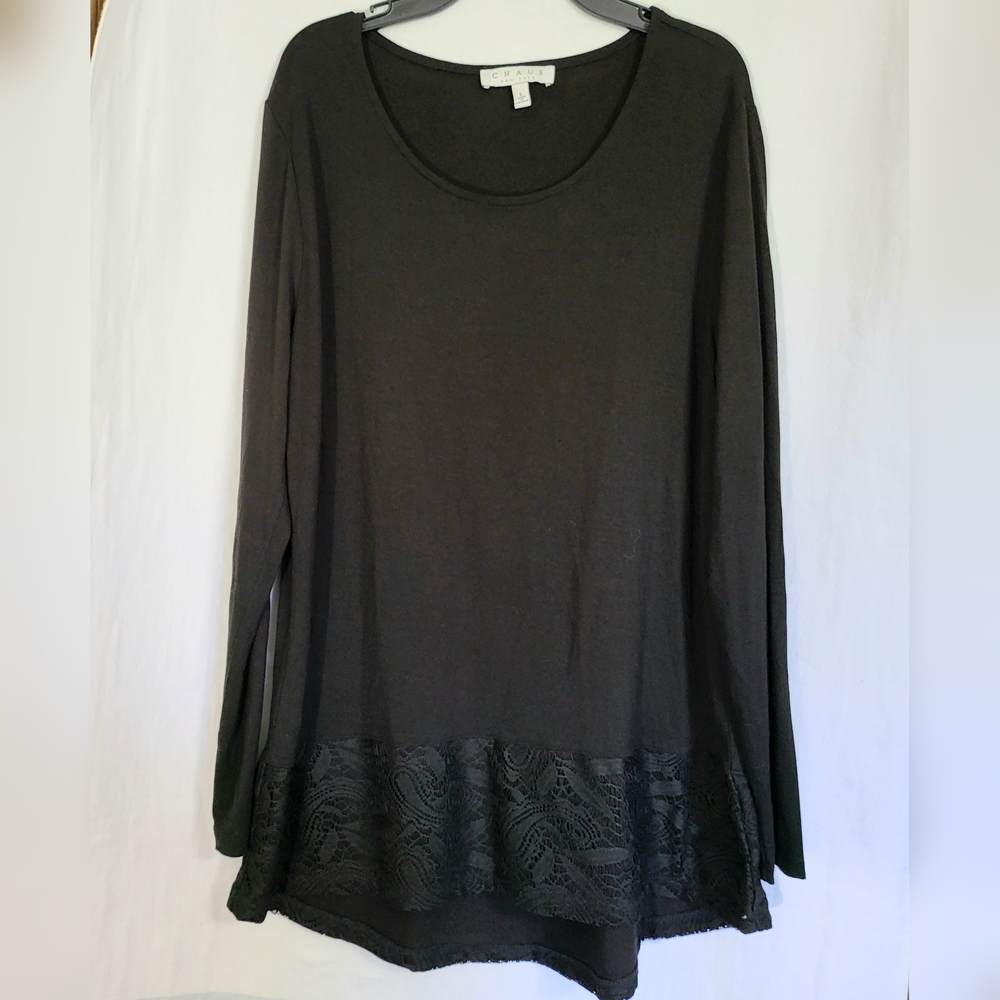 Chaus New York Womens Black Lace Hem Long Sleeve Tunic Boho Career Blouse Size L